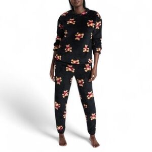 Joyspun Plush Black Teddy Bear Long Sleeve Top And Pants Pajama Set Size M